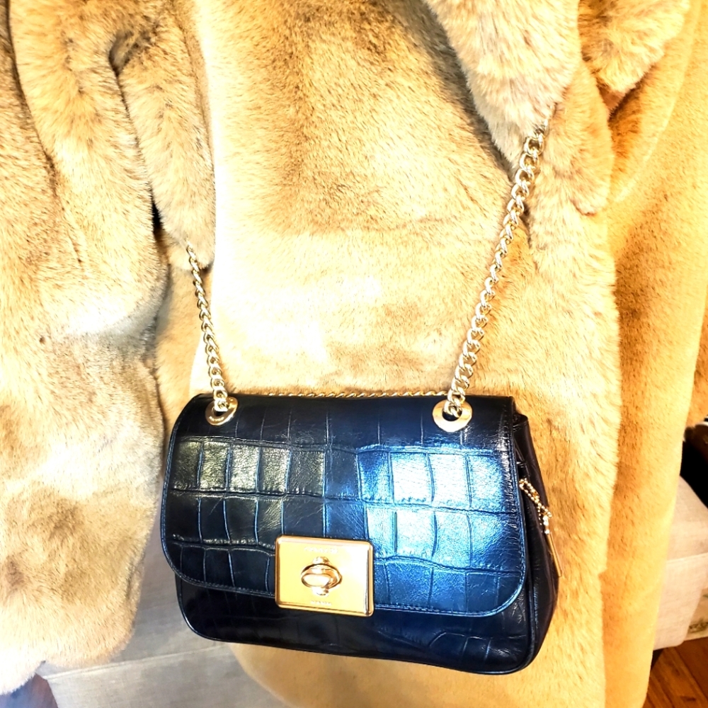 Coach Black Croc Embossed Leather Cassidy Chain Shoulder Bag
